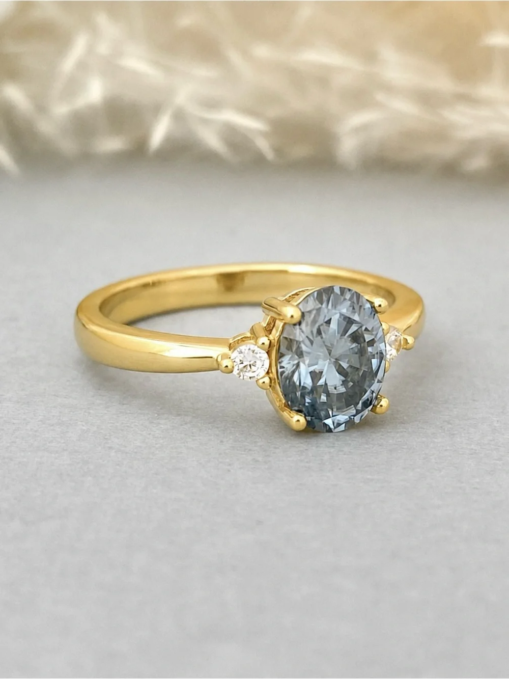 Gold Three Stone Oval Light Gray Blue Moissanite Diamond Sterling Silver Ring